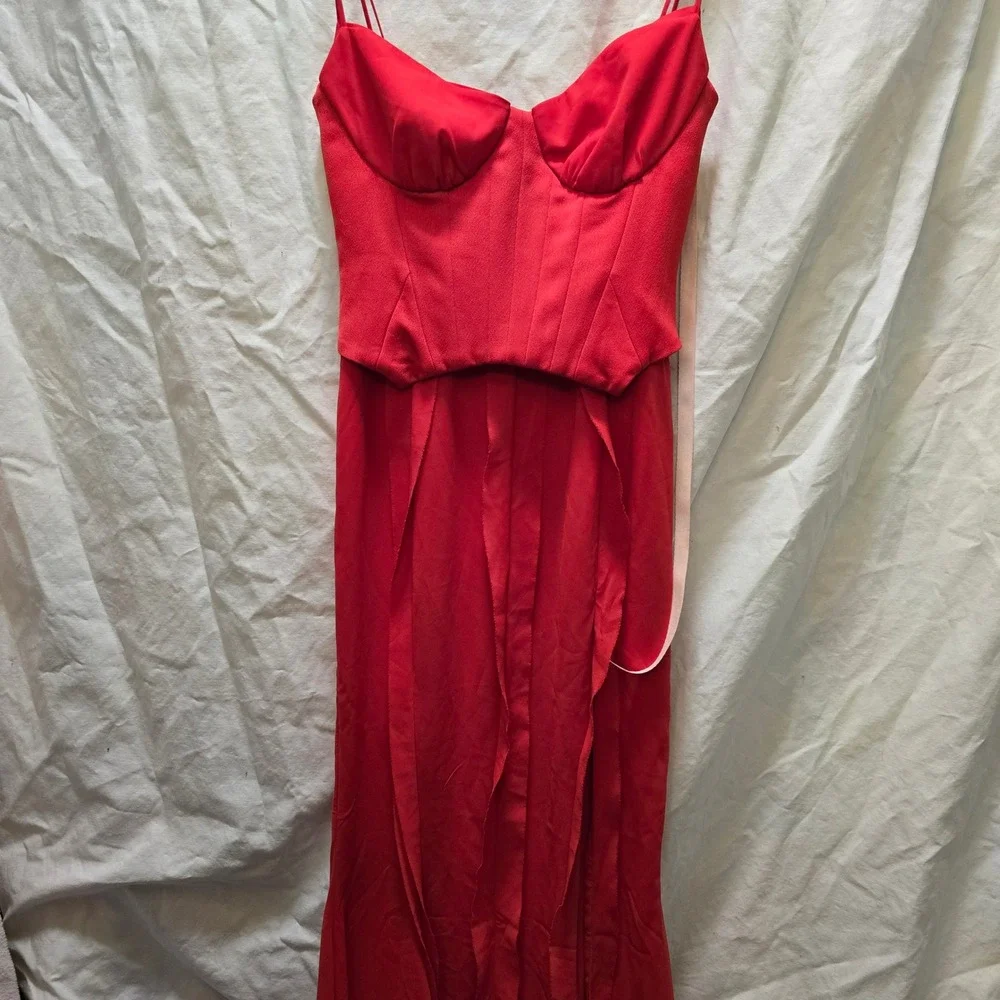 NWT OH POLLY Scarlet Red Ruffle High Slit Corset Maxi Dress‎ US 4